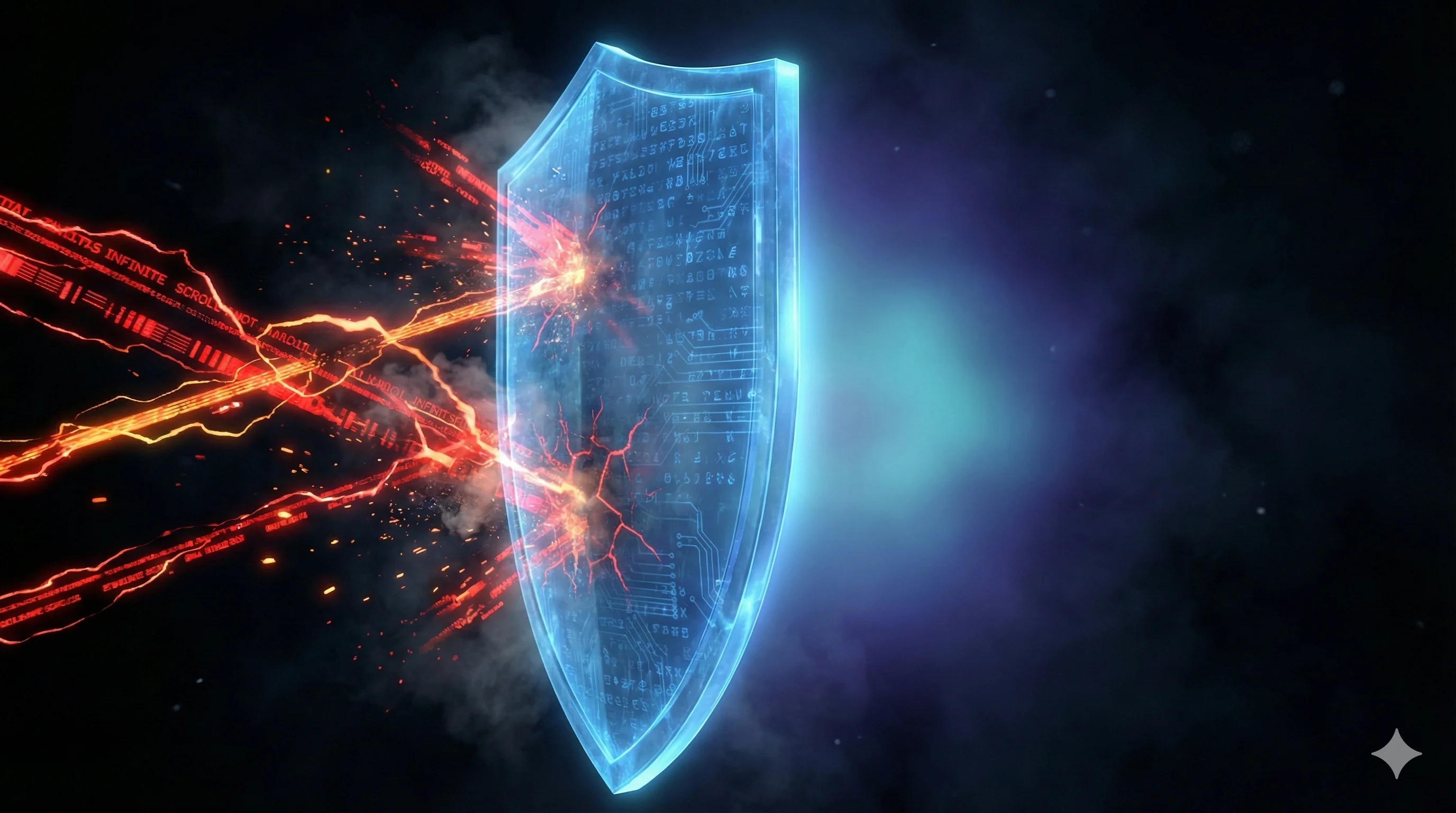 Protective digital shield surrounding vulnerable light patterns, representing AI safety for young users
