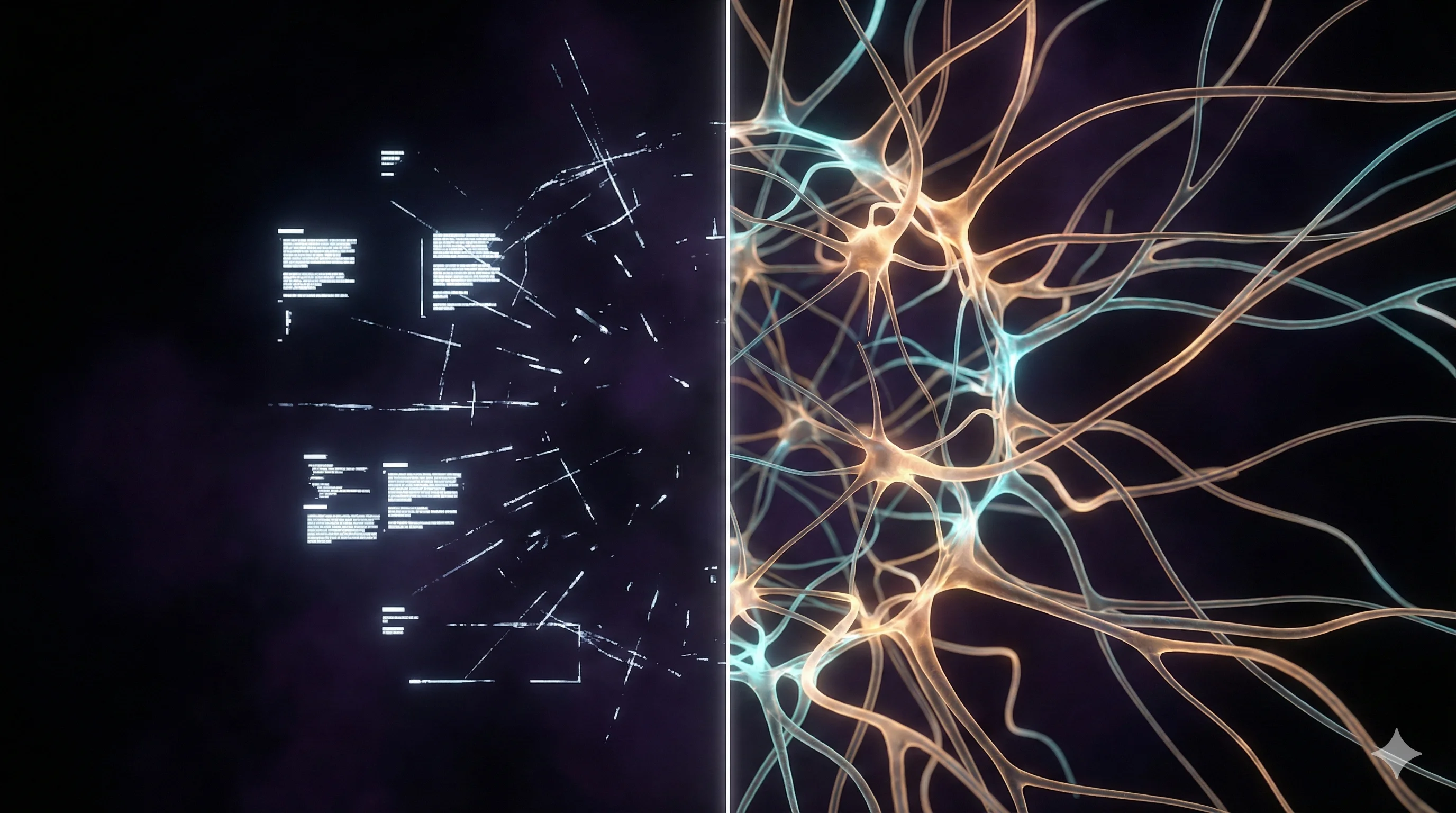Split-screen contrast between sterile chatbot interface and warm organic neural companion network