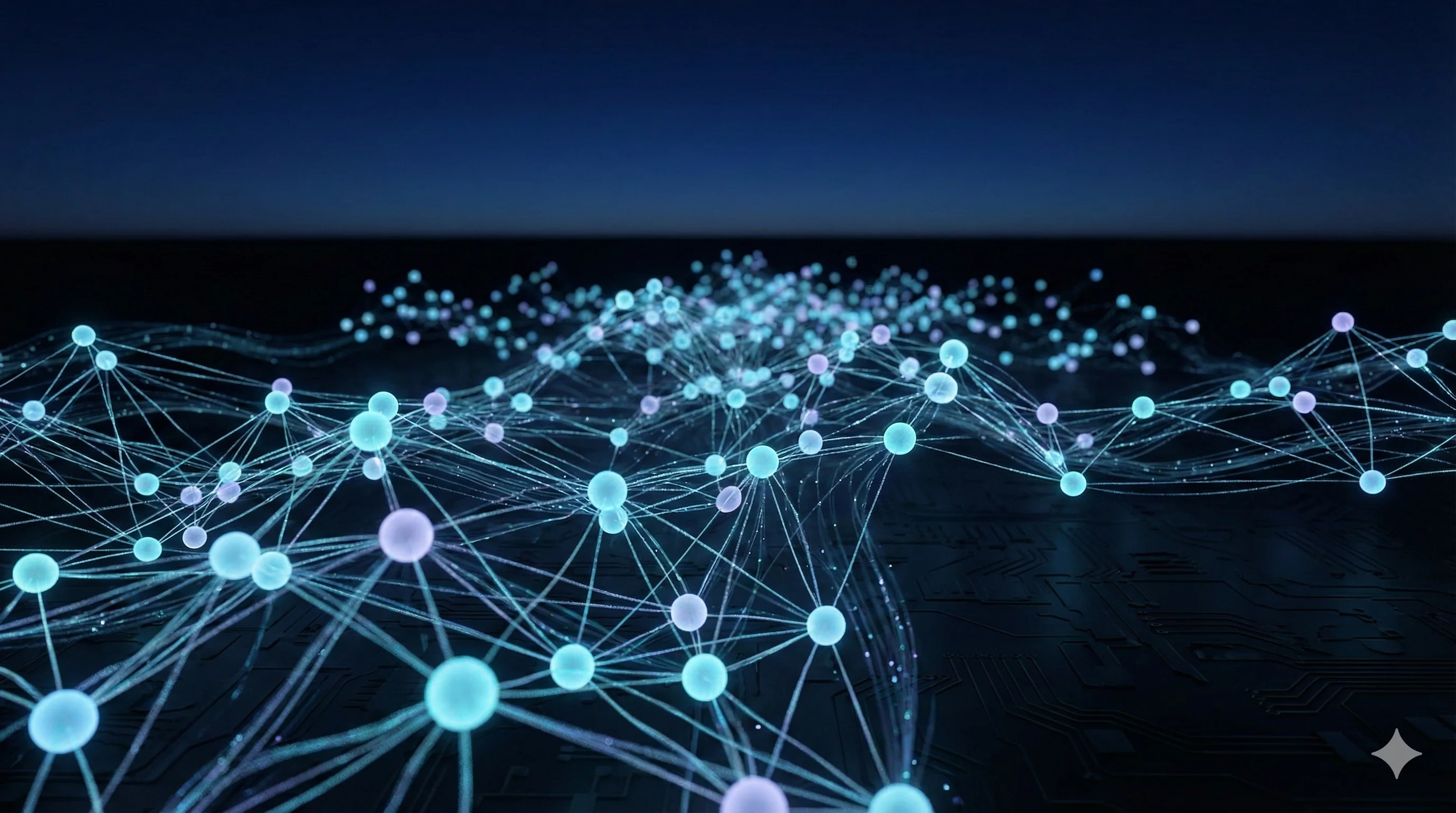 Expanding constellation of glowing cyan and purple memory nodes connected by luminous threads on a dark digital landscape