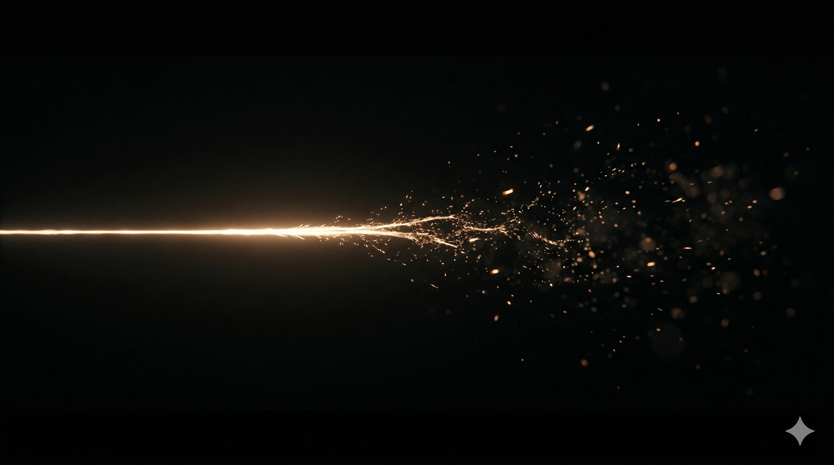 A glowing thread of light dissolving into scattered particles against a dark void
